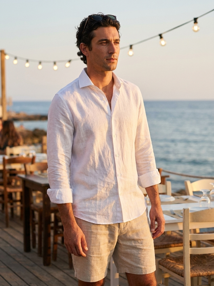Man wearing Ethan white linen shirt on a terrace at sunset
