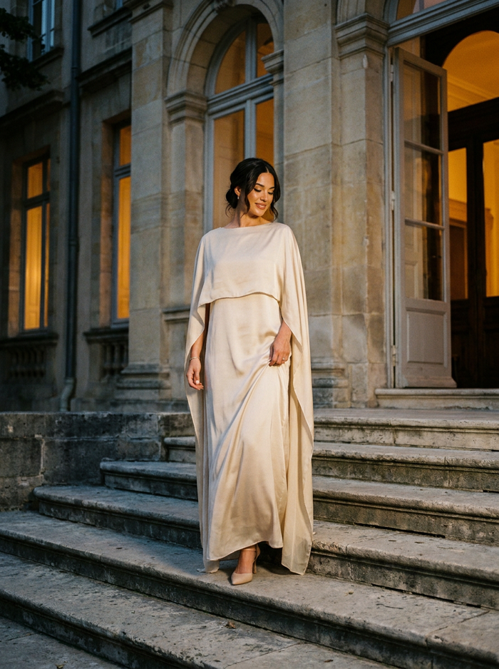 Woman wearing cape sleeve round neck maxi dress on stone steps