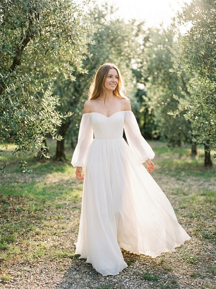 Woman wearing Cascais off-shoulder puff sleeve maxi dress in a garden