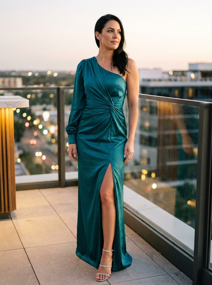 Woman wearing Evora one-shoulder satin evening dress on a rooftop terrace