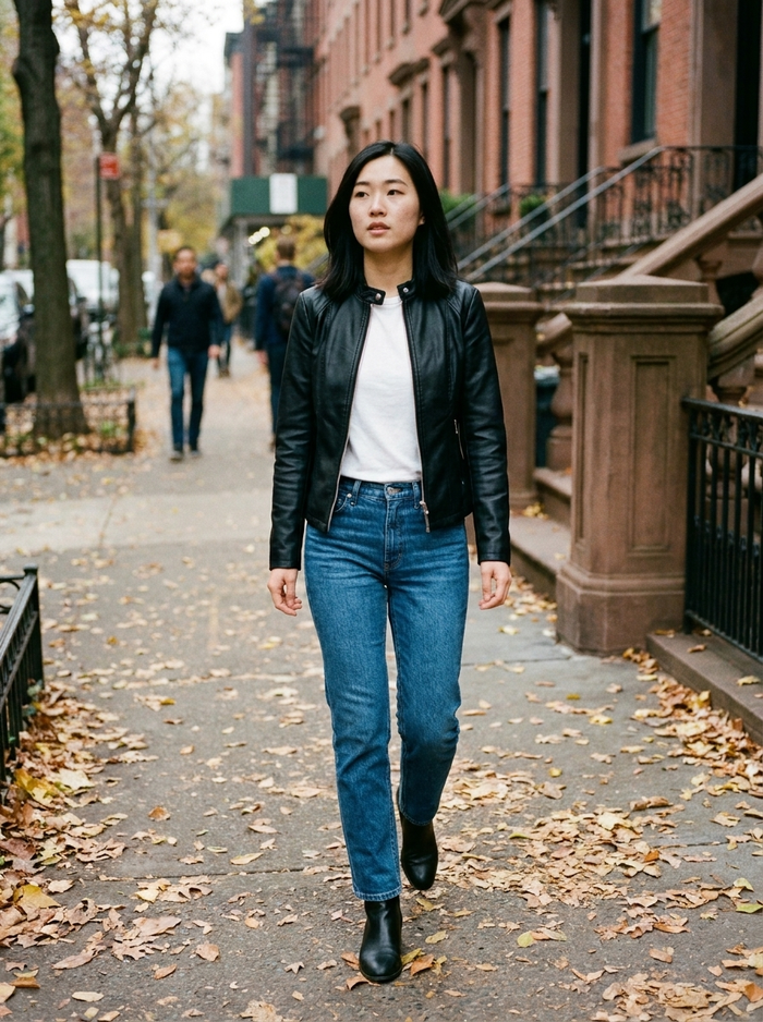 Woman wearing fitted leather-look zip-up jacket on a city sidewalk
