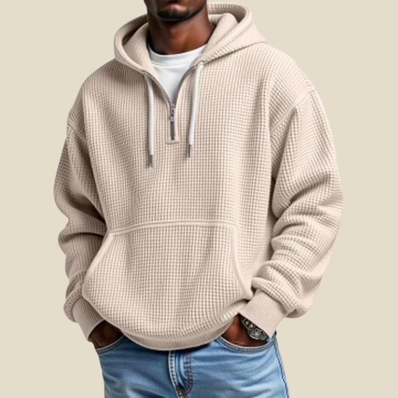 Quarter Zip Men's Hoodie Relaxed Fit Waffle Knit with Pockets