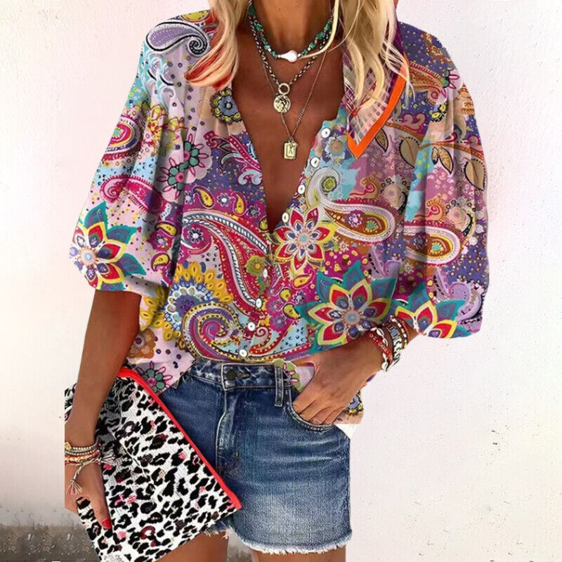 Tulum Boho Floral V-Neck Blouse