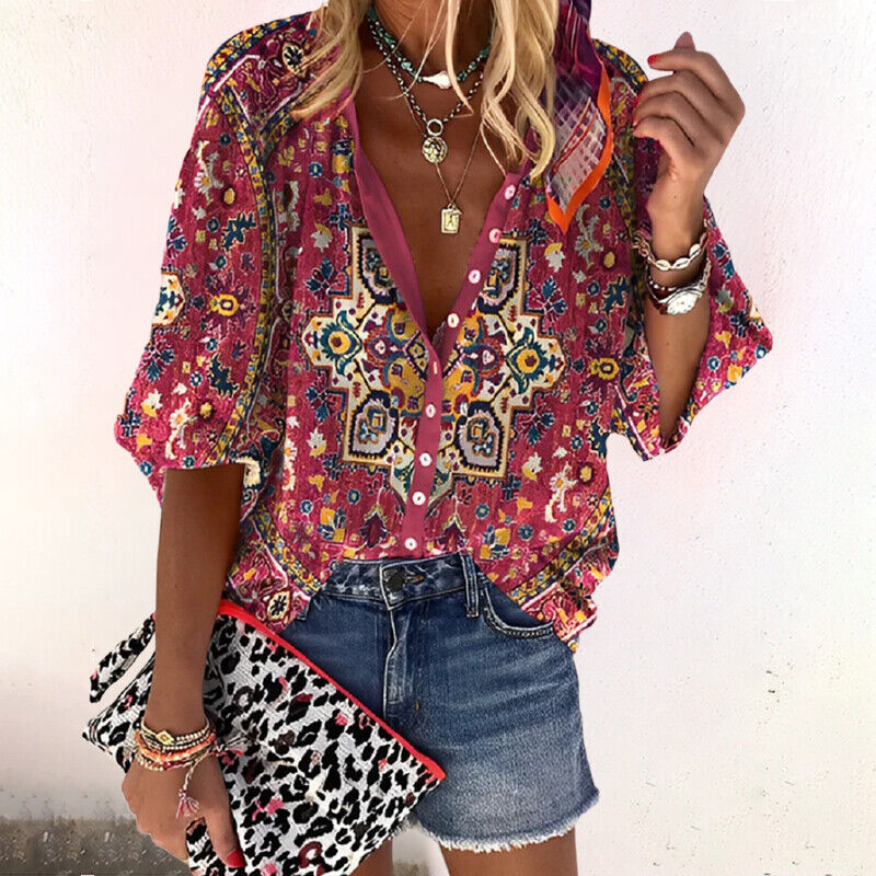 Tulum Boho Floral V-Neck Blouse