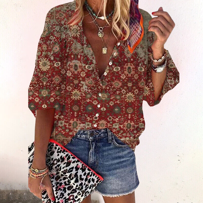 Tulum Boho Floral V-Neck Blouse