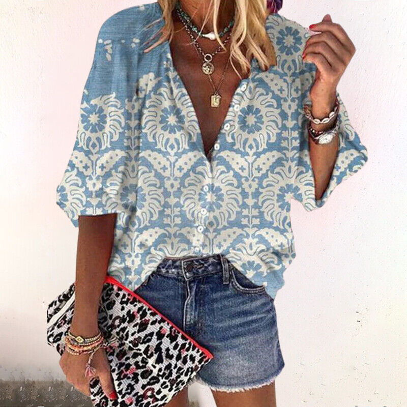 Tulum Boho Floral V-Neck Blouse