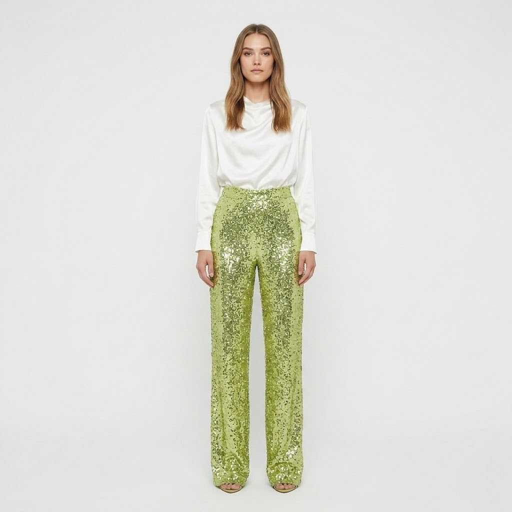 Sequin New Years Eve Pants for Women, High-Waisted Straight Leg