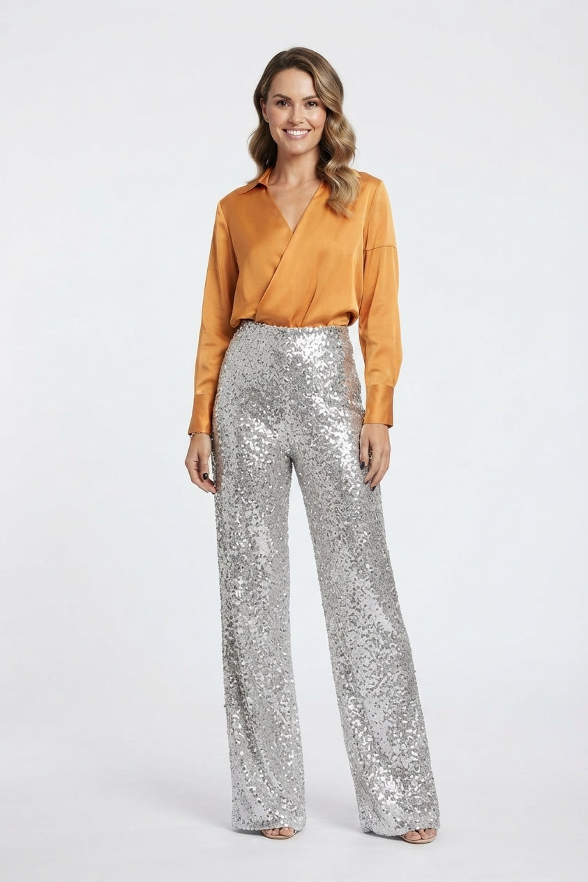 Sequin New Years Eve Pants for Women, High-Waisted Straight Leg