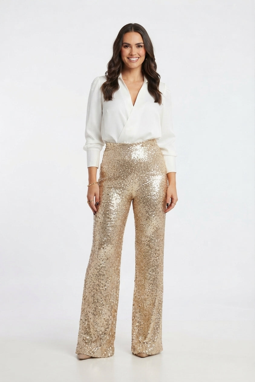 Sequin New Years Eve Pants for Women, High-Waisted Straight Leg