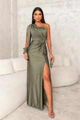 Evora One-Shoulder Satin Evening Dress with Side Slit
