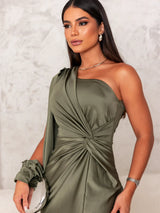 Evora One-Shoulder Satin Evening Dress with Side Slit
