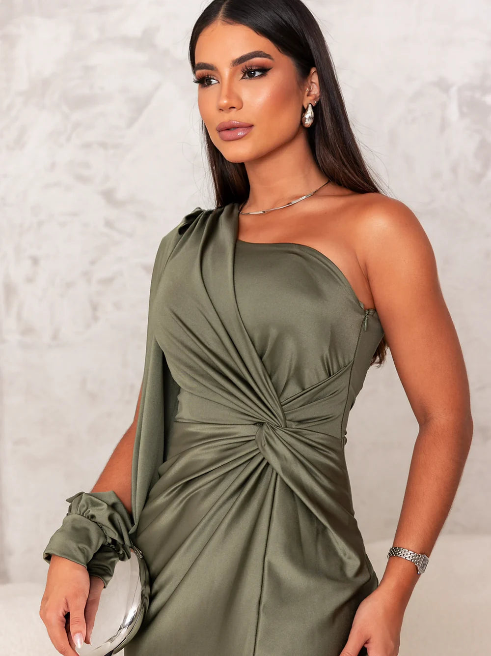 Evora One-Shoulder Satin Evening Dress with Side Slit