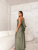 Evora One-Shoulder Satin Evening Dress with Side Slit