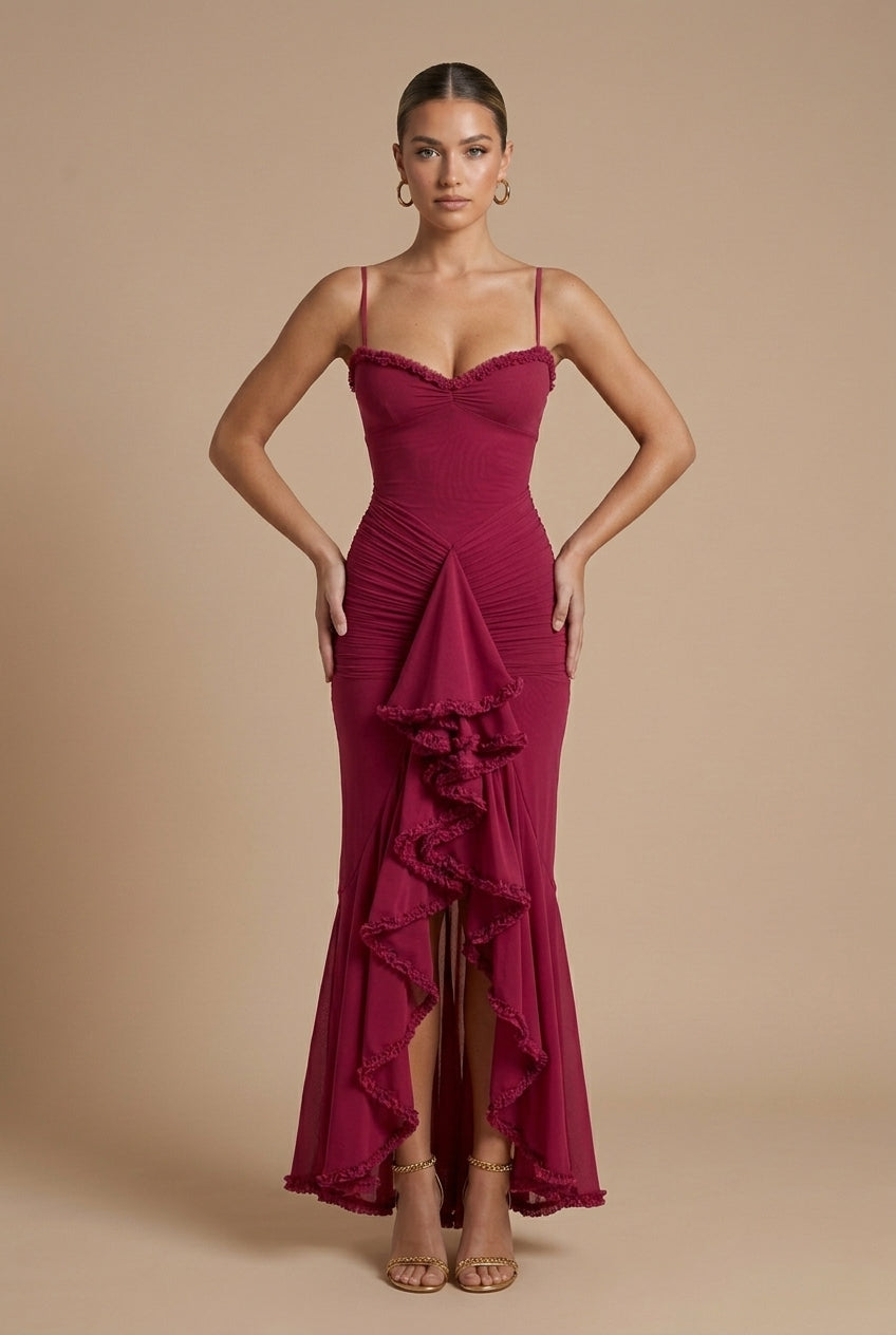 Madeira Ruched Ruffle Maxi Dress with Spaghetti Straps