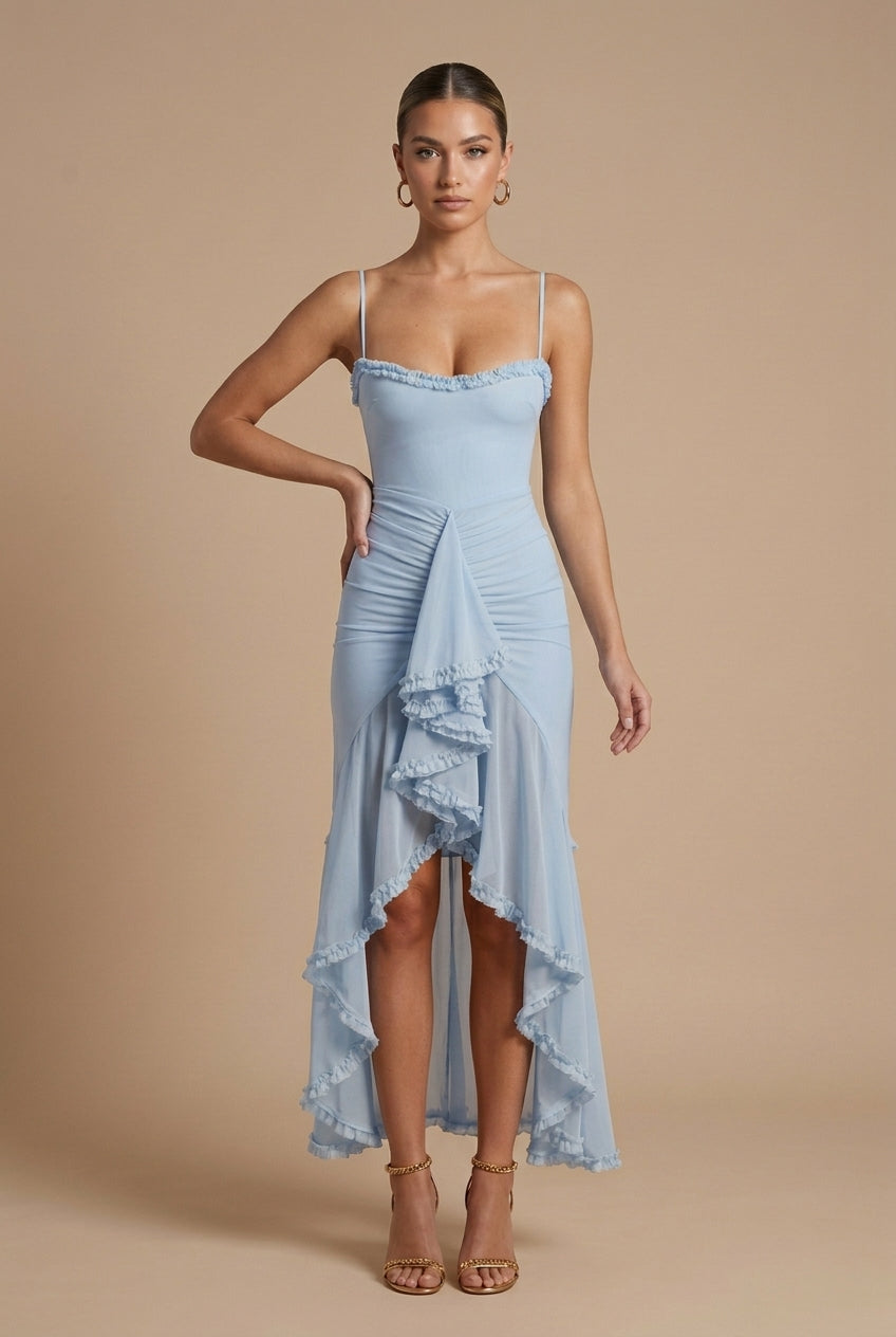 Madeira Ruched Ruffle Maxi Dress with Spaghetti Straps