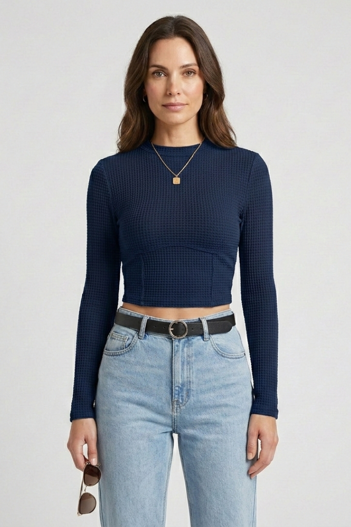 Fitted Long-Sleeve Crew Neck Crop Top