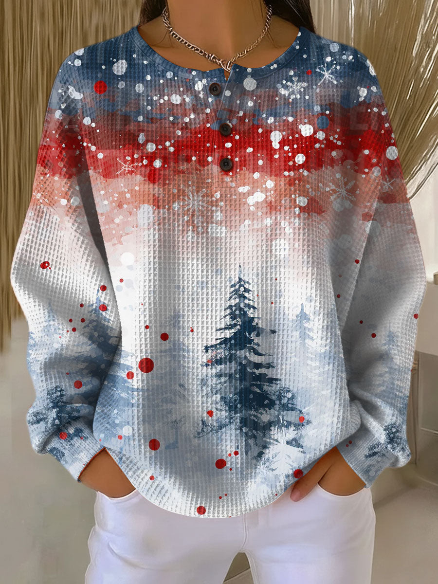 Women's Christmas Sweater Waffle Knit Henley Winter Forest Print