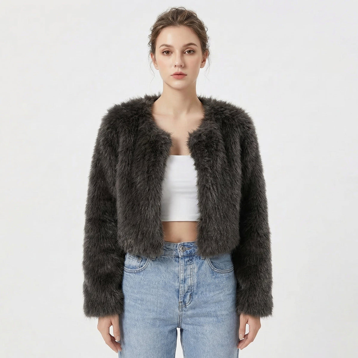 Women's Faux Fur Coat Cropped Open-Front Shaggy Jacket