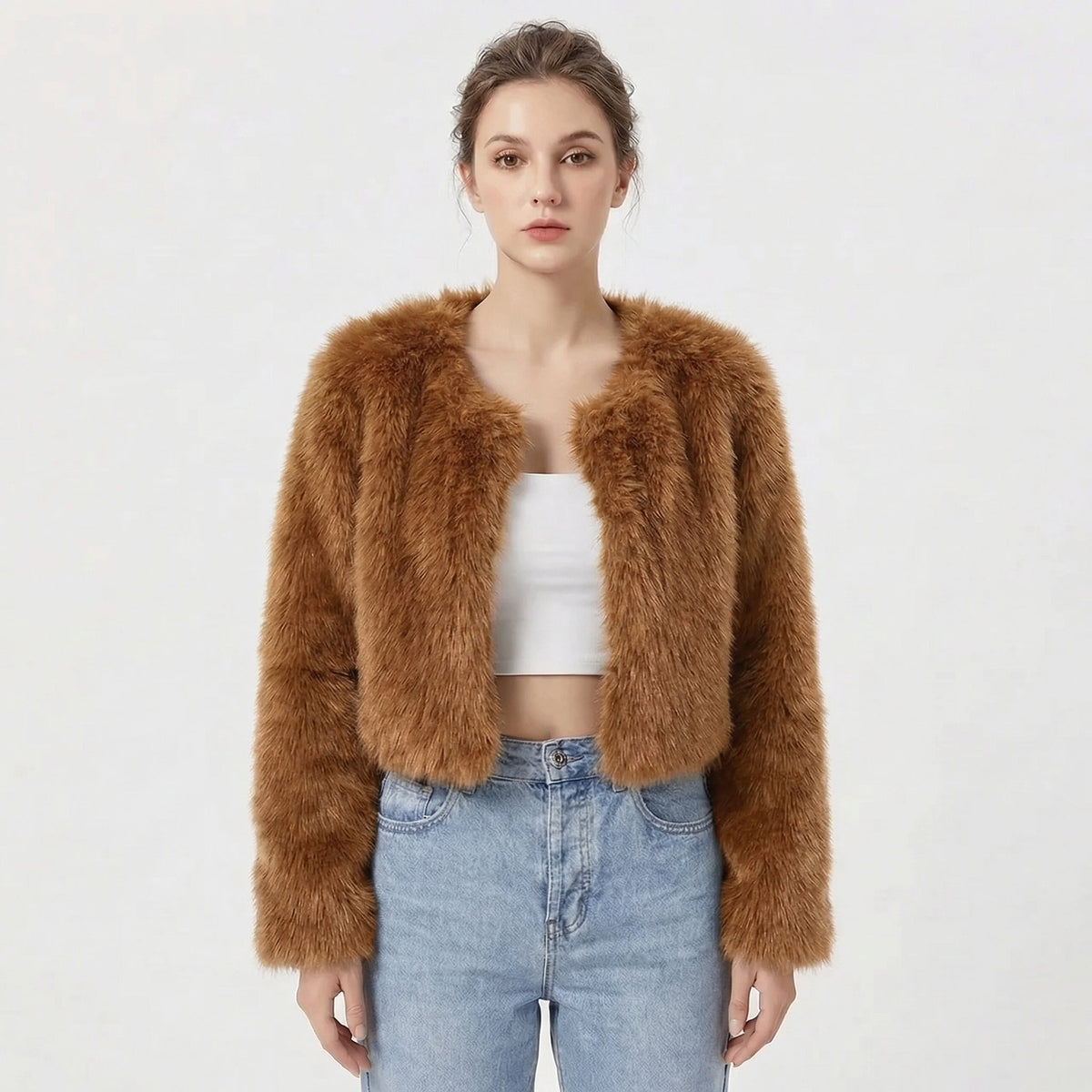 Women's Faux Fur Coat Cropped Open-Front Shaggy Jacket