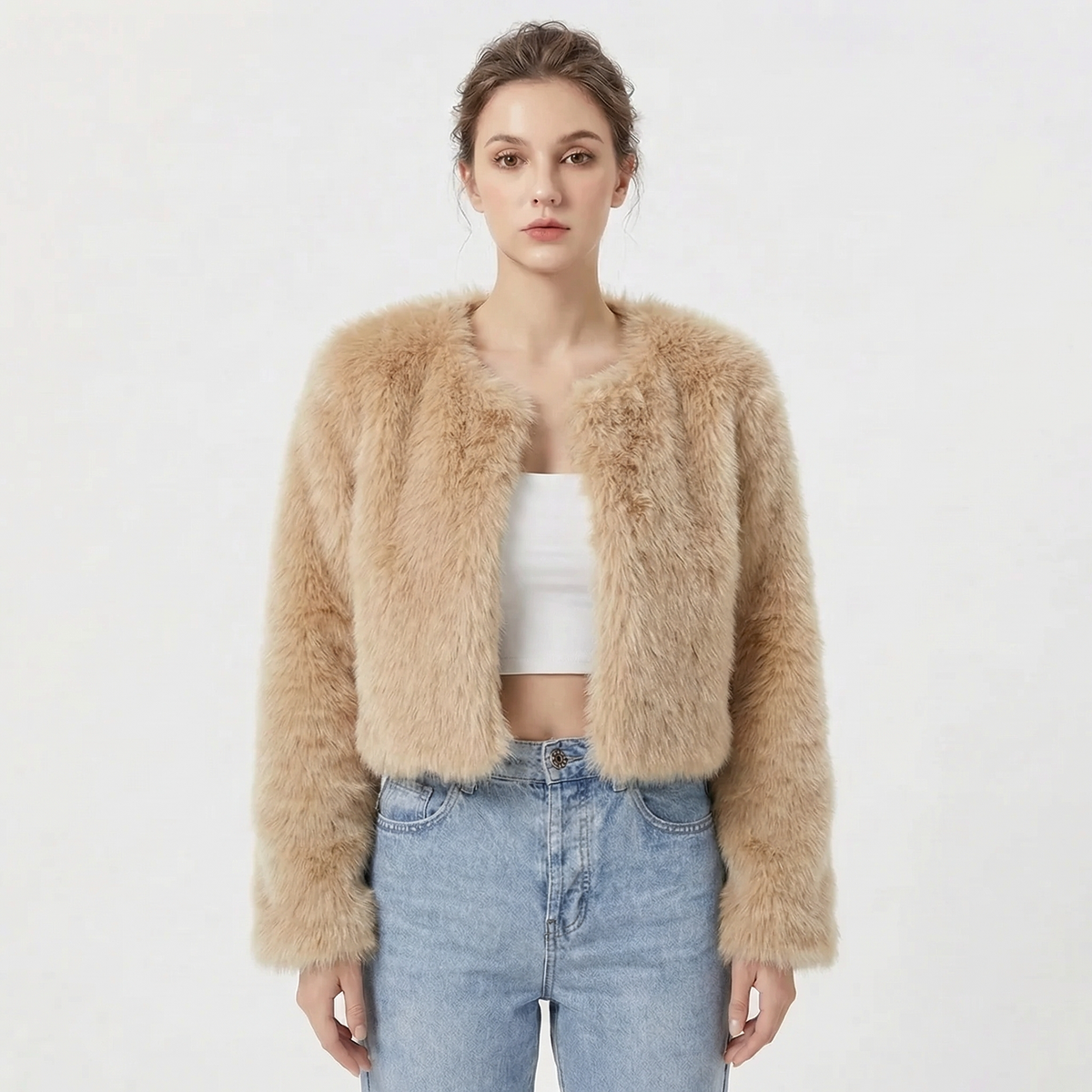 Women's Faux Fur Coat Cropped Open-Front Shaggy Jacket