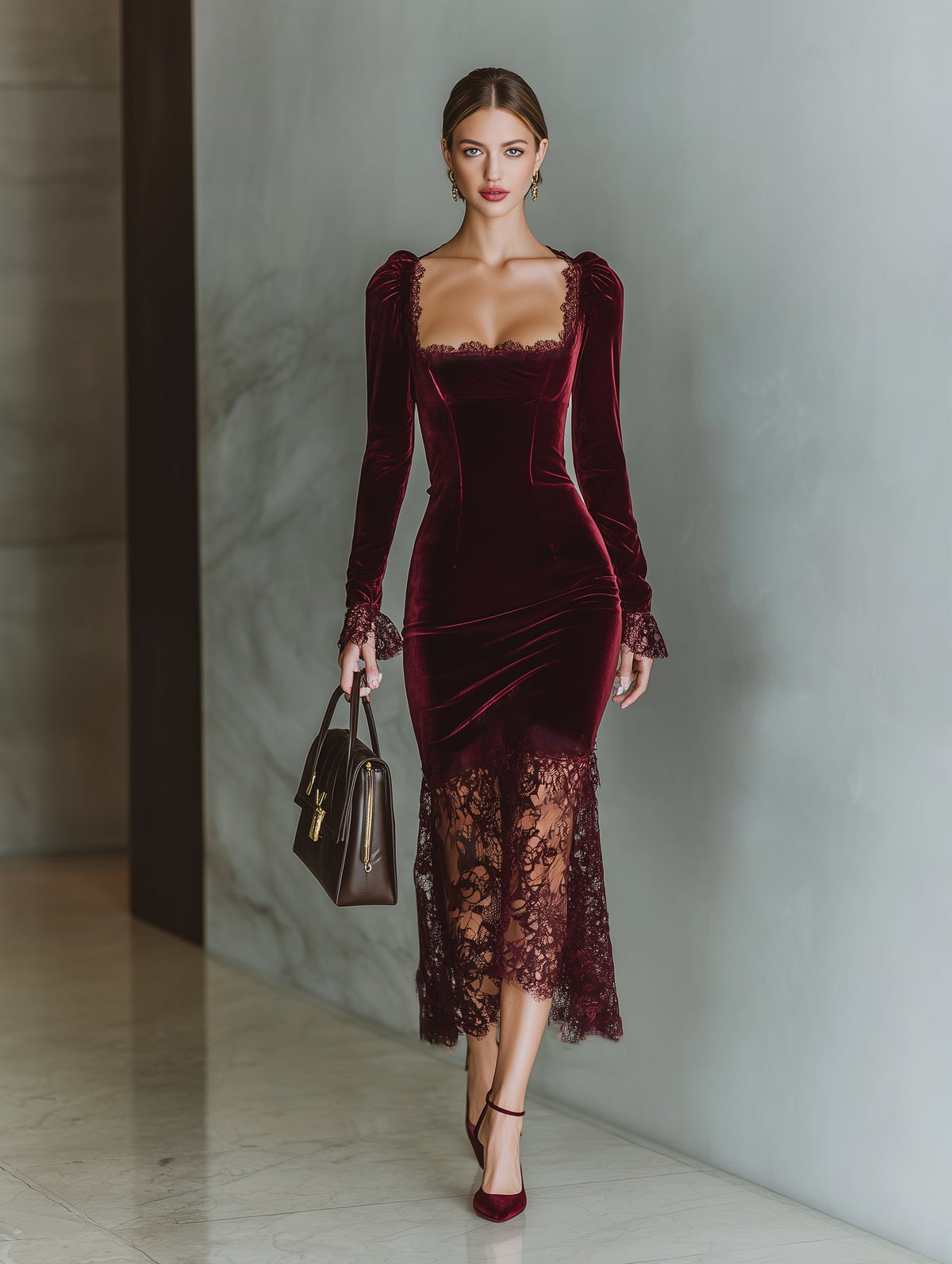 Women's Holiday Dress Velvet Lace Fitted Maxi