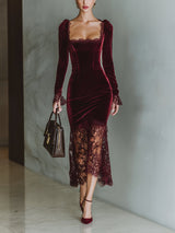 Women's Holiday Dress Velvet Lace Fitted Maxi