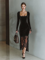 Women's Holiday Dress Velvet Lace Fitted Maxi