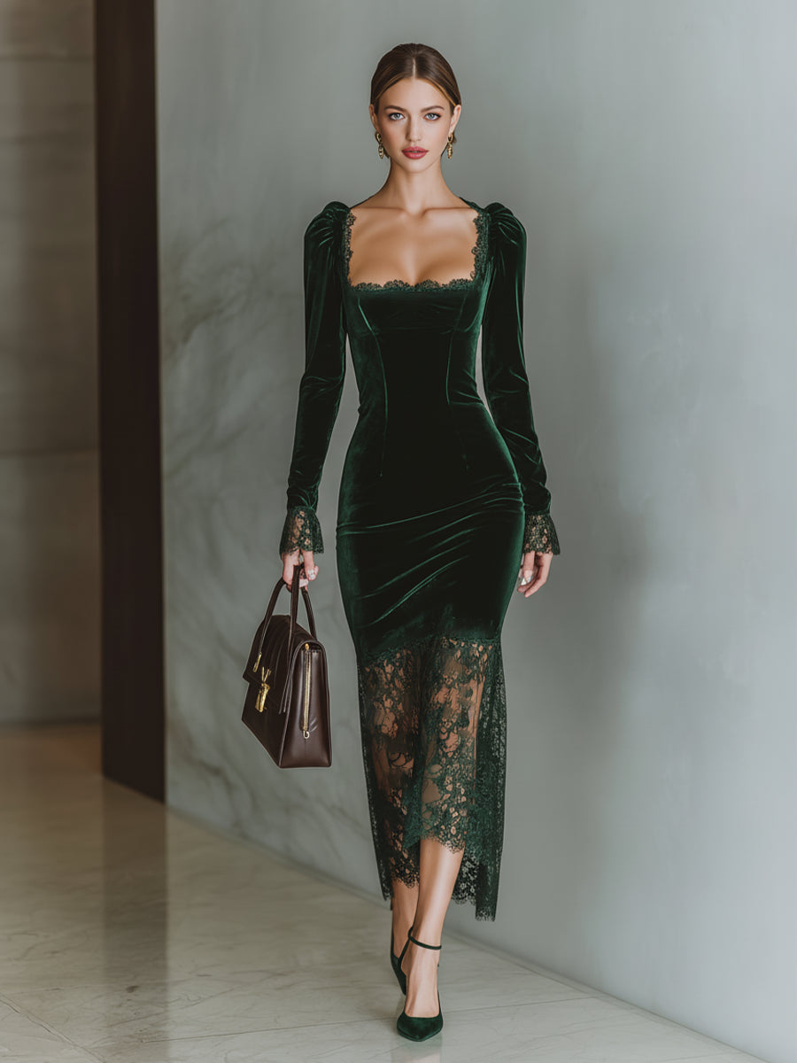 Women's Holiday Dress Velvet Lace Fitted Maxi