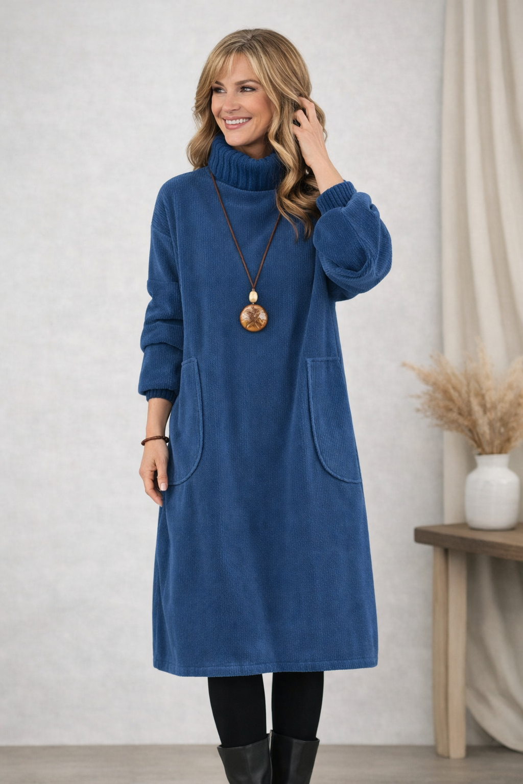 Women's Oversized Ribbed Turtleneck Midi Sweater Dress