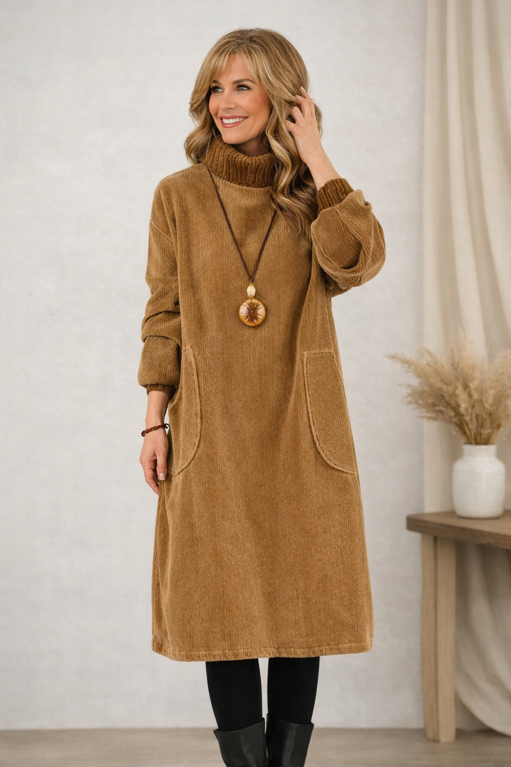 Women's Oversized Ribbed Turtleneck Midi Sweater Dress