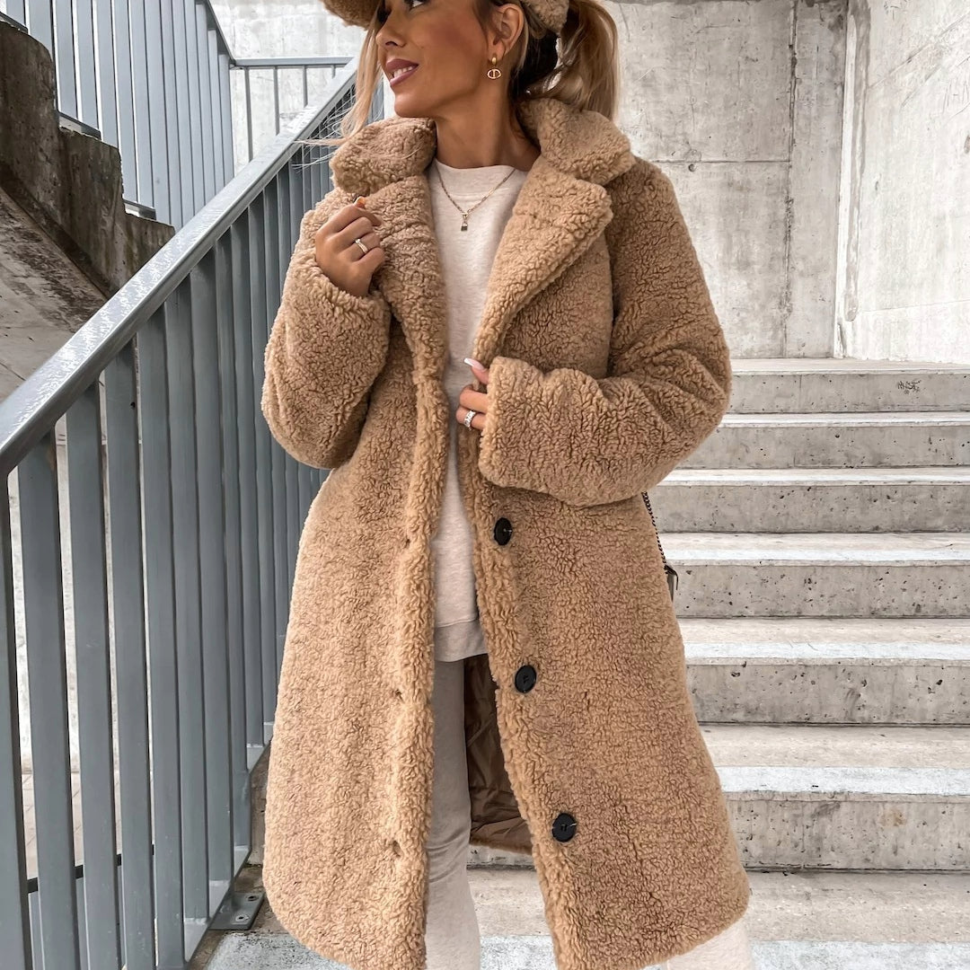 Women's Oversized Teddy Long Coat with Button Front