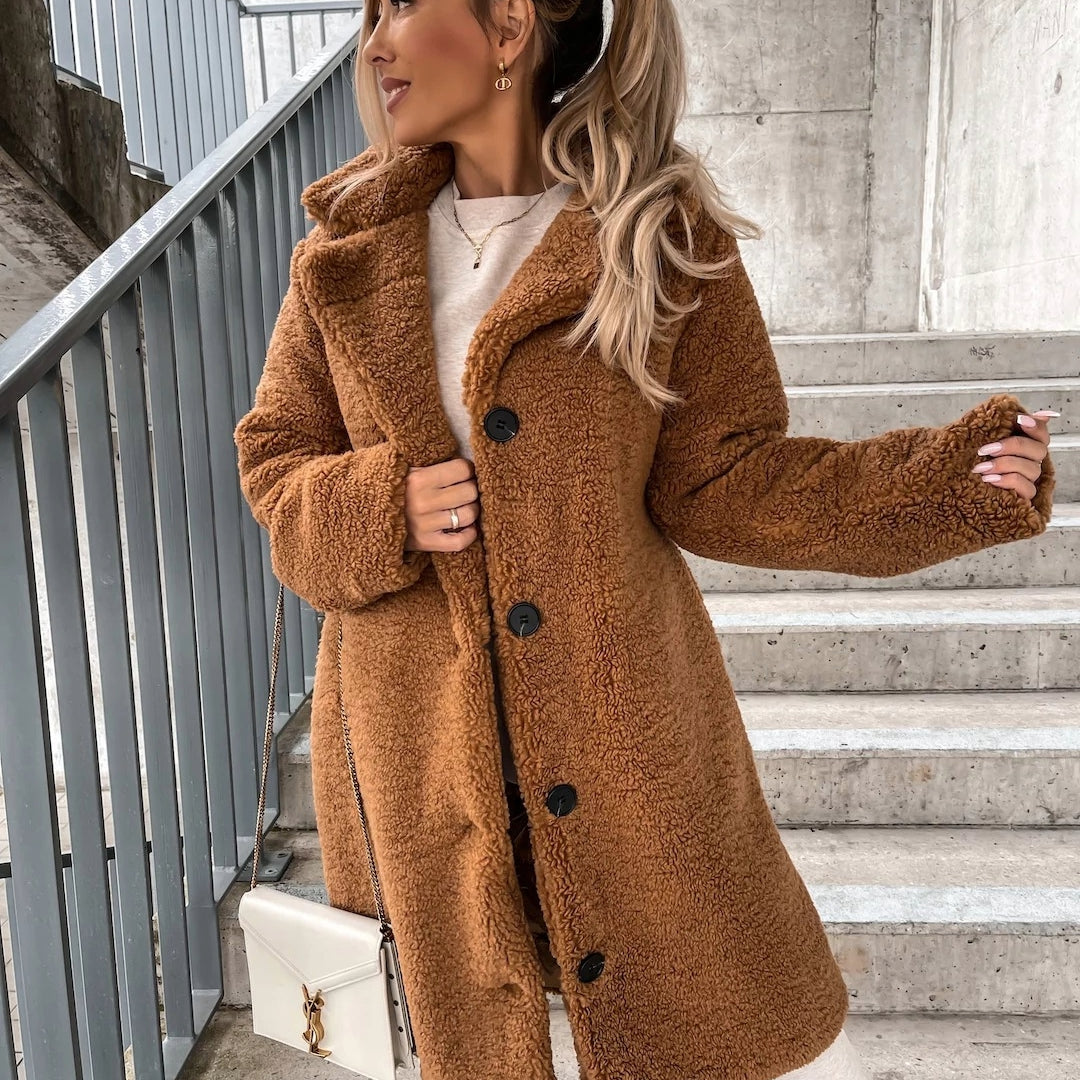 Women's Oversized Teddy Long Coat with Button Front