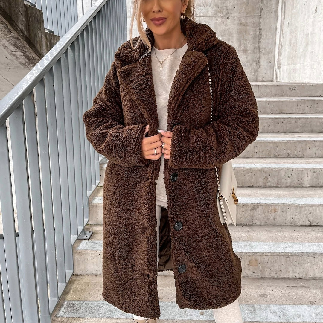 Women's Oversized Teddy Long Coat with Button Front