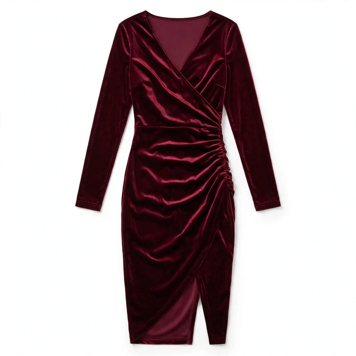 Women's Velvet Wrap Midi Dress with Long Sleeves