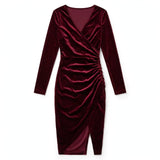 Women's Velvet Wrap Midi Dress with Long Sleeves
