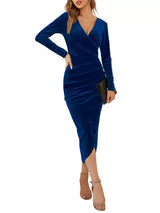 Women's Velvet Wrap Midi Dress with Long Sleeves