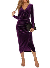 Women's Velvet Wrap Midi Dress with Long Sleeves