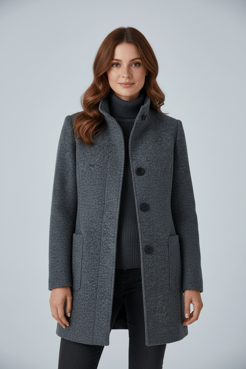 Women's Wool-Blend Tailored Overcoat with Stand Collar